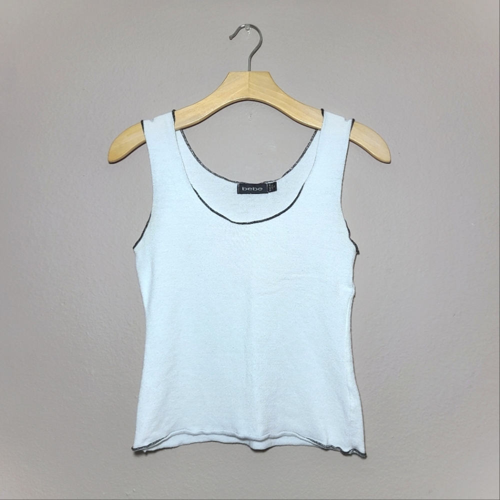bebe White Knit Crop Tank with Black Lining
